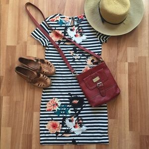 Adorable floral and striped body-con mini dress